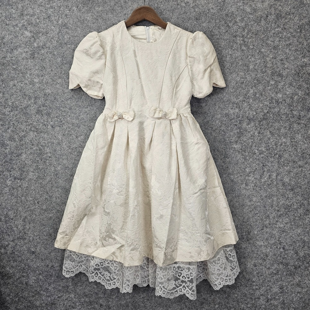 VINTAGE Formal Flower Girl Dress 5T White JESSICA McCLINTOCK Lace Bows USA Made